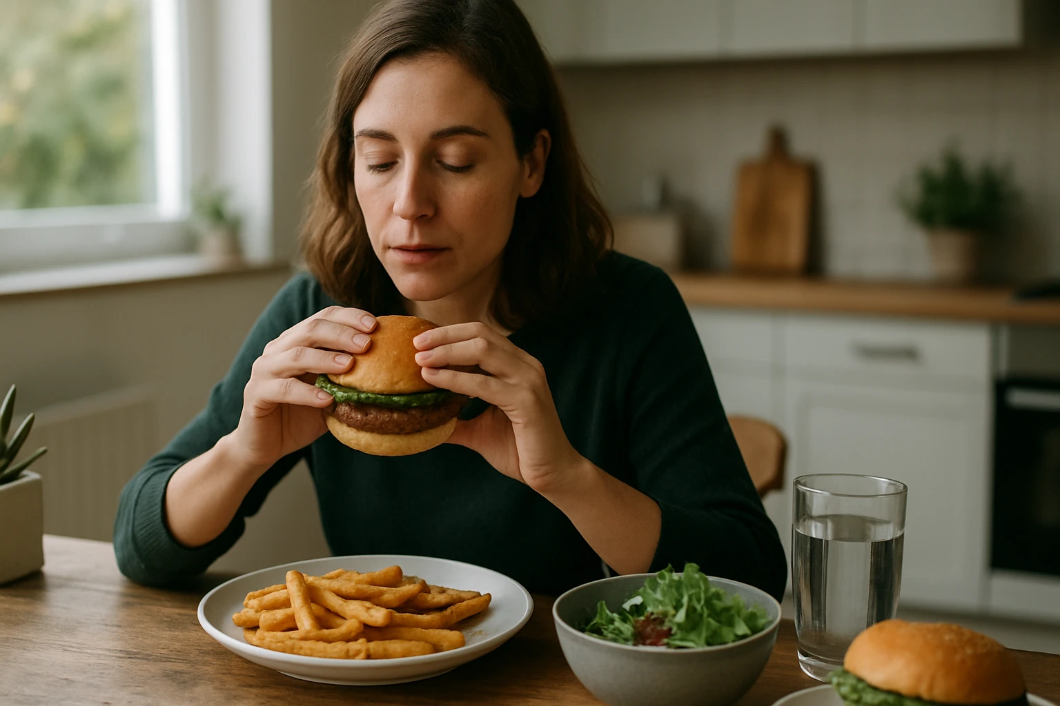 Žena sedí pri stole a pripravuje sa na jedenie hamburgera s hranolkami.
