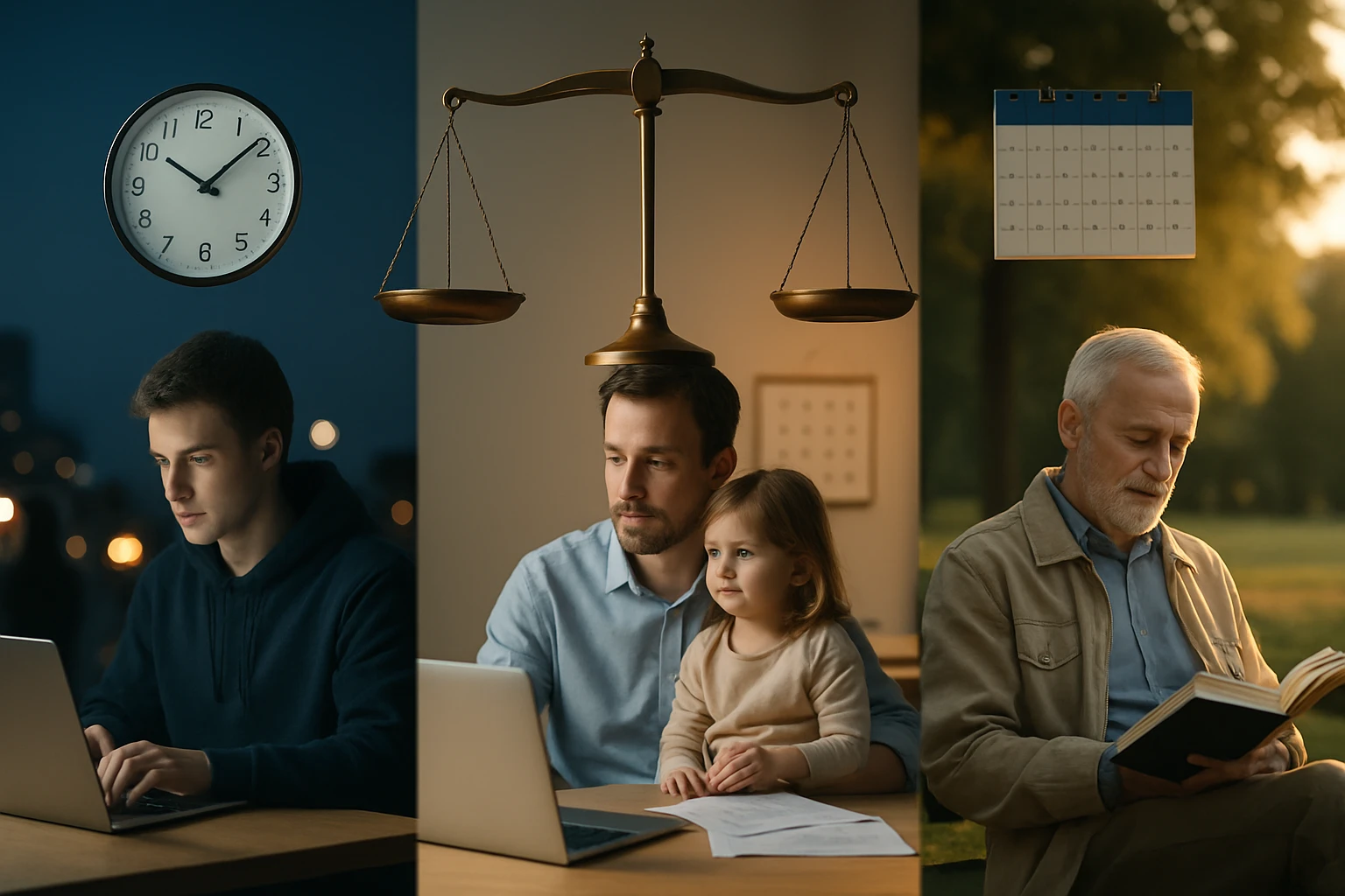 Mladý muž dolgozik a laptopján, apja gyermeke társaságában, míg egy idős férfi könyvet olvas.