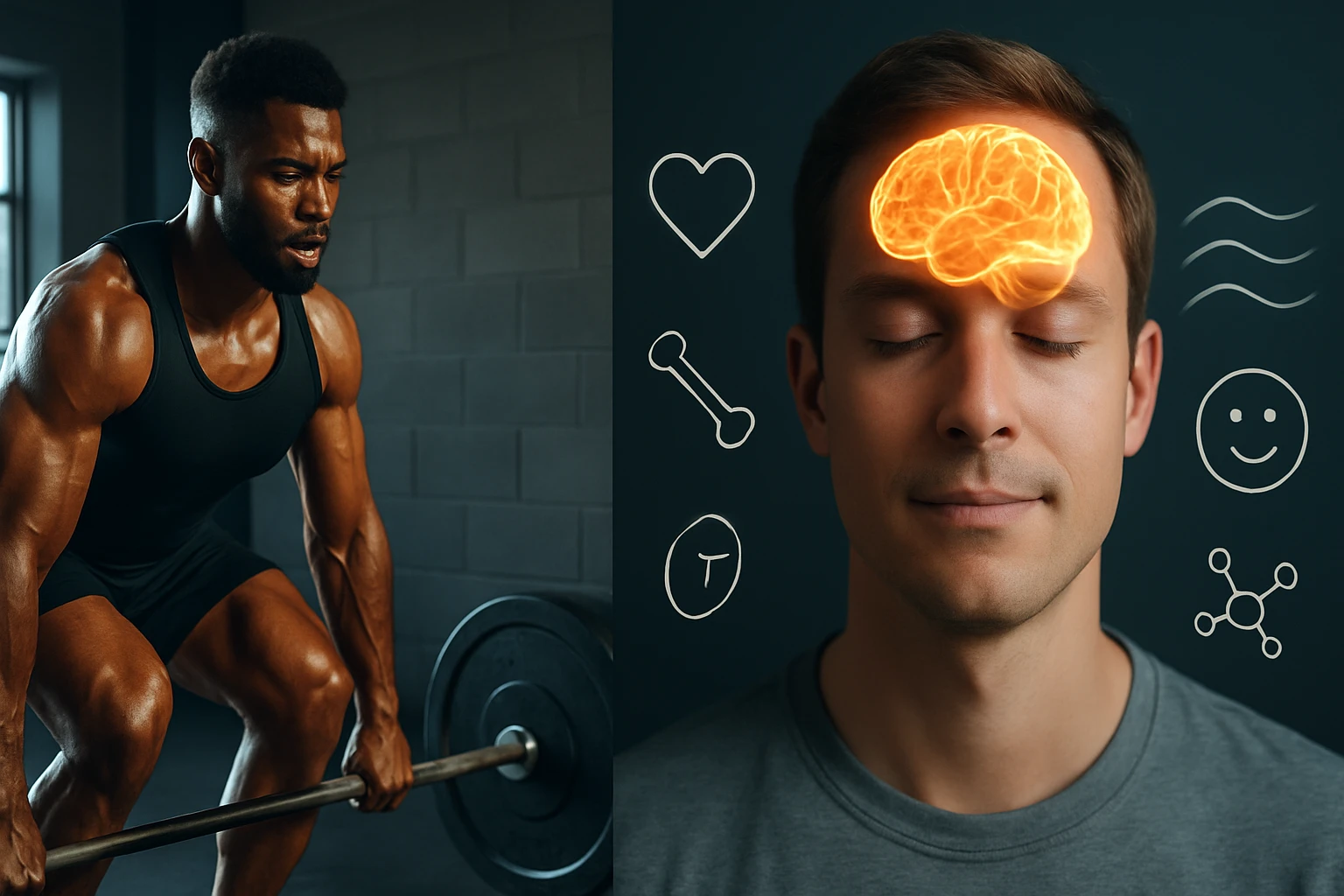 Muž cvičí s činkou v posilňovni, zatiaľ čo iný muž meditujúci s myšlienkami o zdraví.