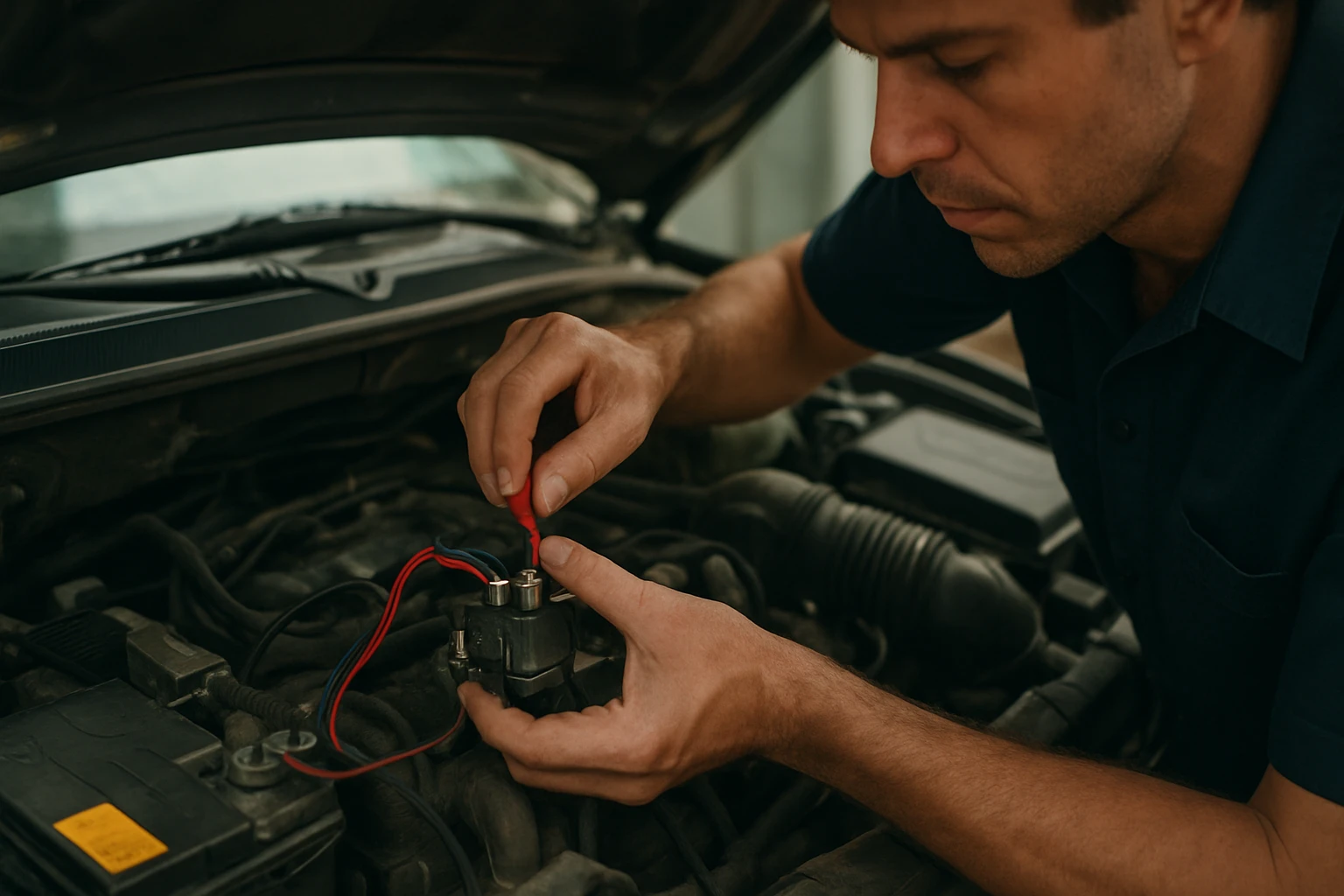 Muž kontroluje elektrické spojenie v motore auta s multimetrom.