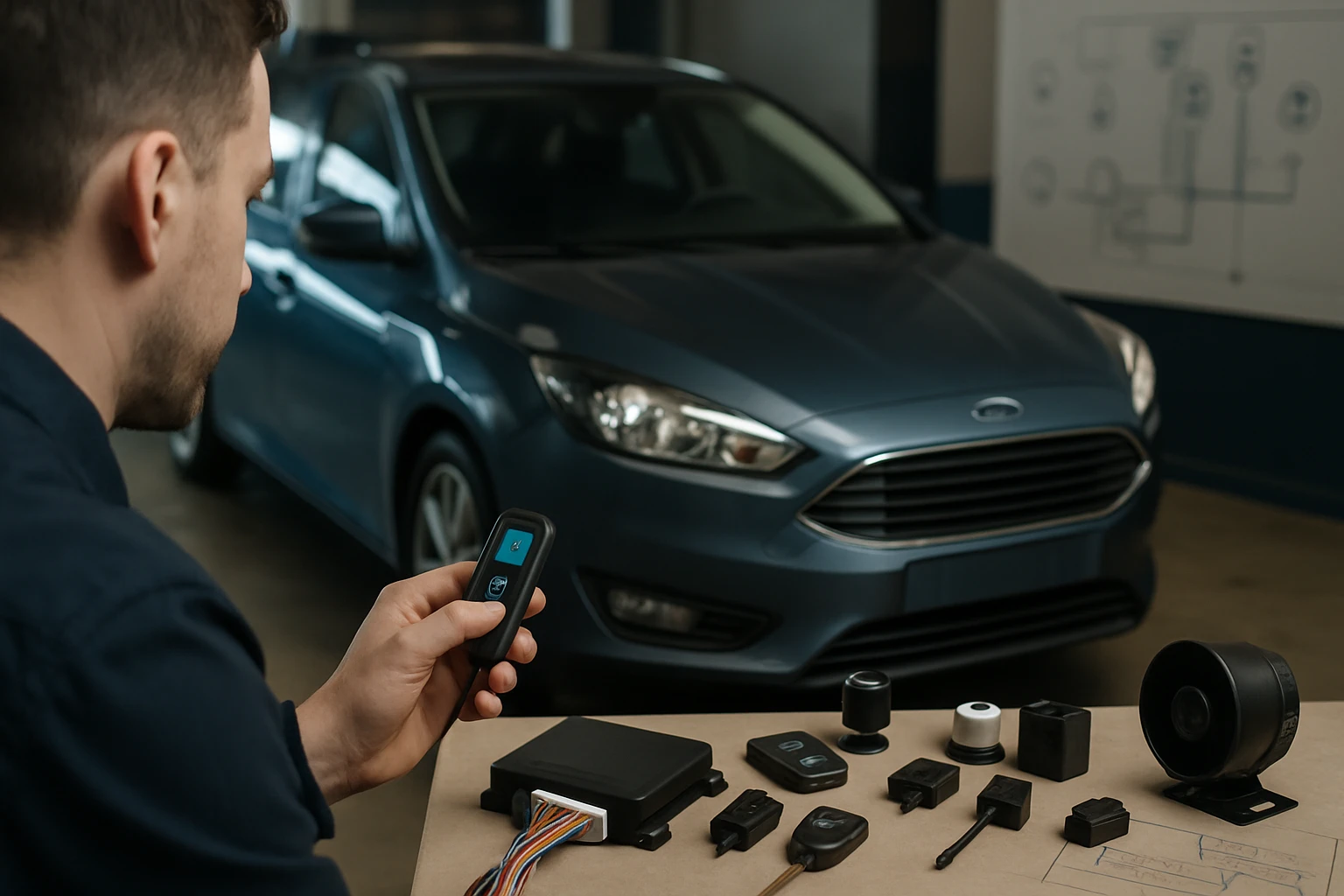 Muž ovláda diaľkový ovládač pred modrým autom, okolo sú rôzne súčiastky.