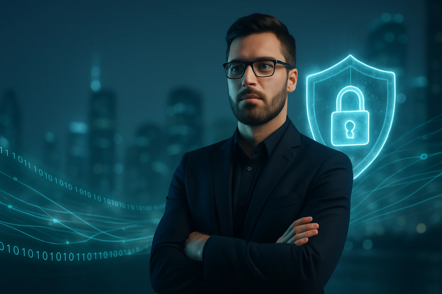 Muž v obleku s brýlemi stojí s prekríženými rukami pred digitálnym pozadím.