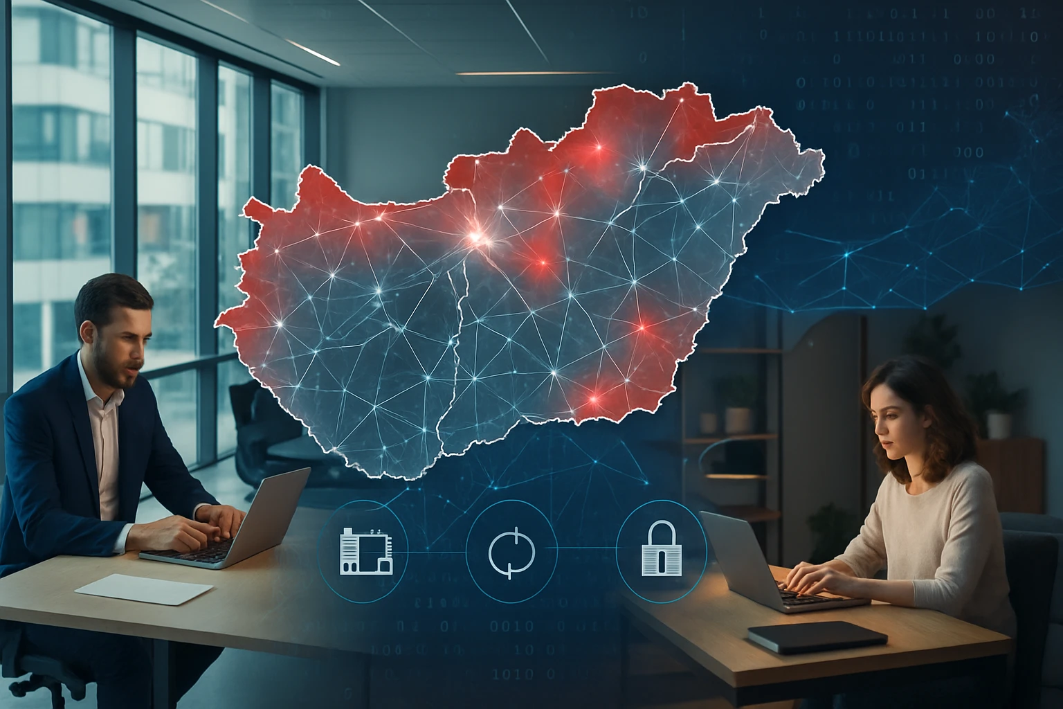 Dva profesionáli pracujúci na notebookoch s mapou Maďarska v pozadí.