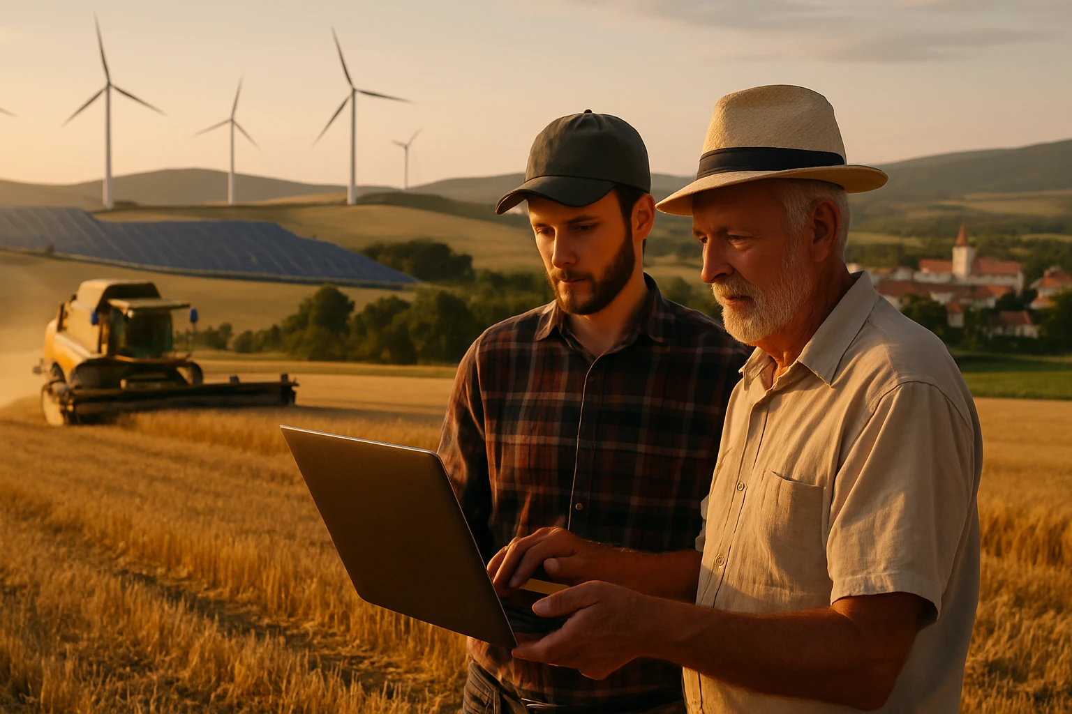 Mladý muž a starší farmár laptopon dolgoznak naplementében, szélkerekek és napenergia panelek a háttérben.
