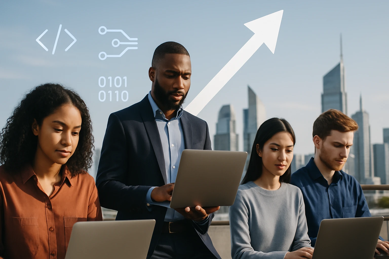 Štyria profesionáli pracujúci na laptopoch s mestským pozadím a digitálnymi symbolmi.