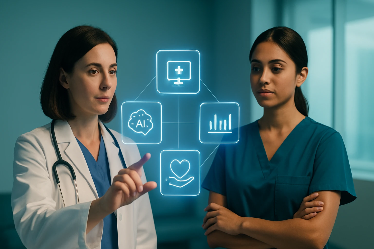 Lekárka interaktív módon mutat digitális ikonokat a technológiai fejlődésről.