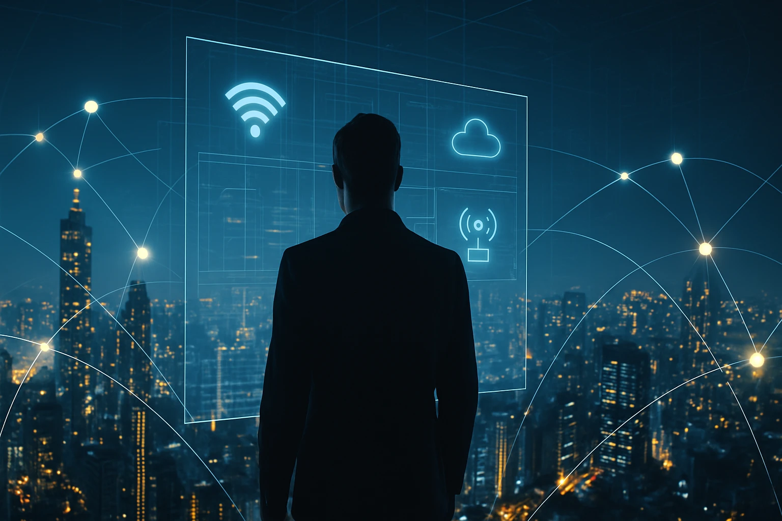 Muž v obleku sleduje digitálny panel s ikonami technológie nad mestom.