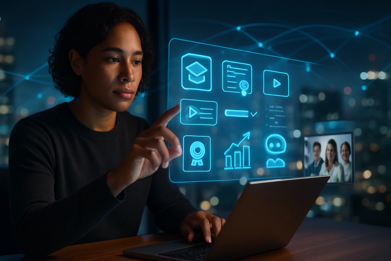 Mladá žena interaguje s digitálnym rozhraním na laptopu v nočnej kancelárii.