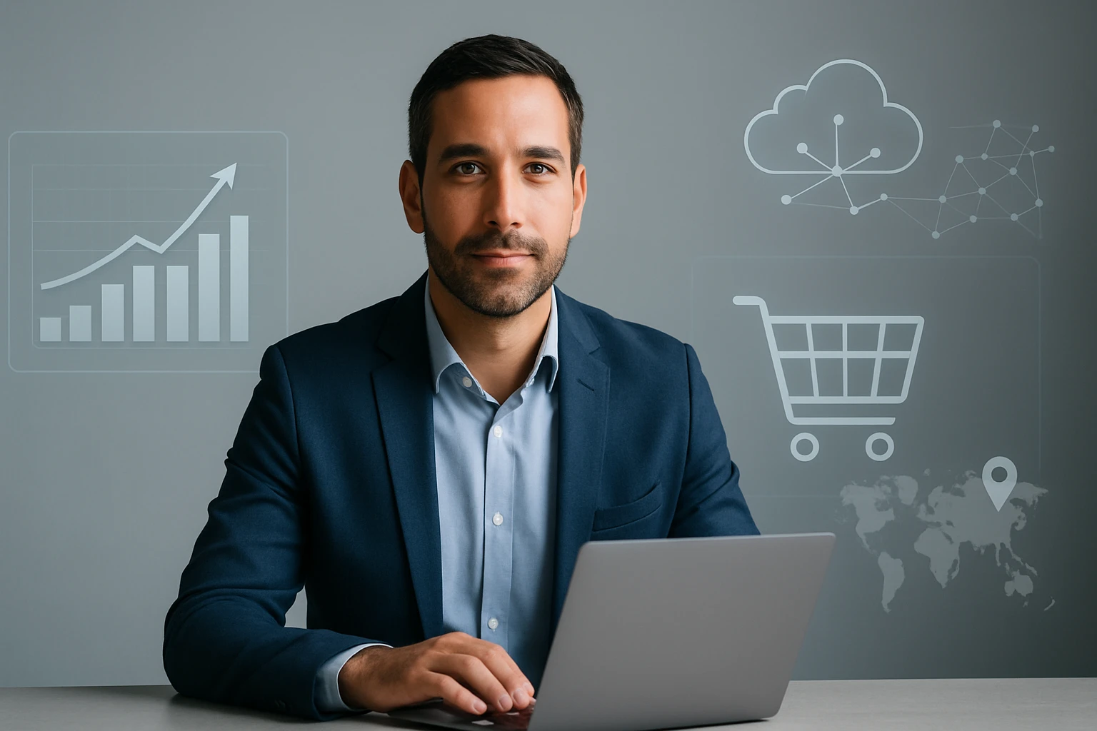 Muž v obleku pracuje na laptopu, za ním grafy a ikony digitálneho marketingu.