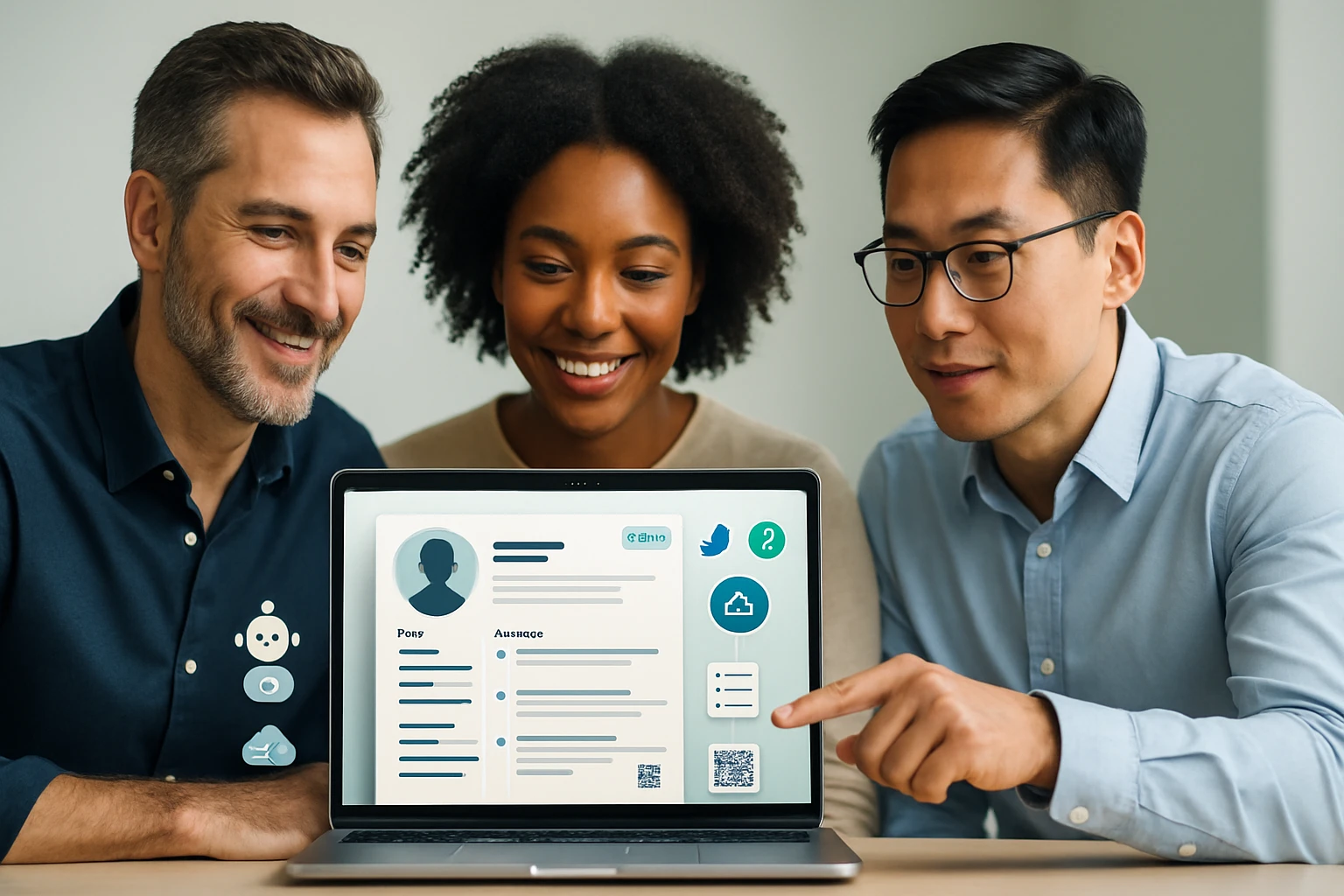 Traja ľudia sa pozerajú na laptop s digitálnym životopisom a interaktívnymi prvkami.