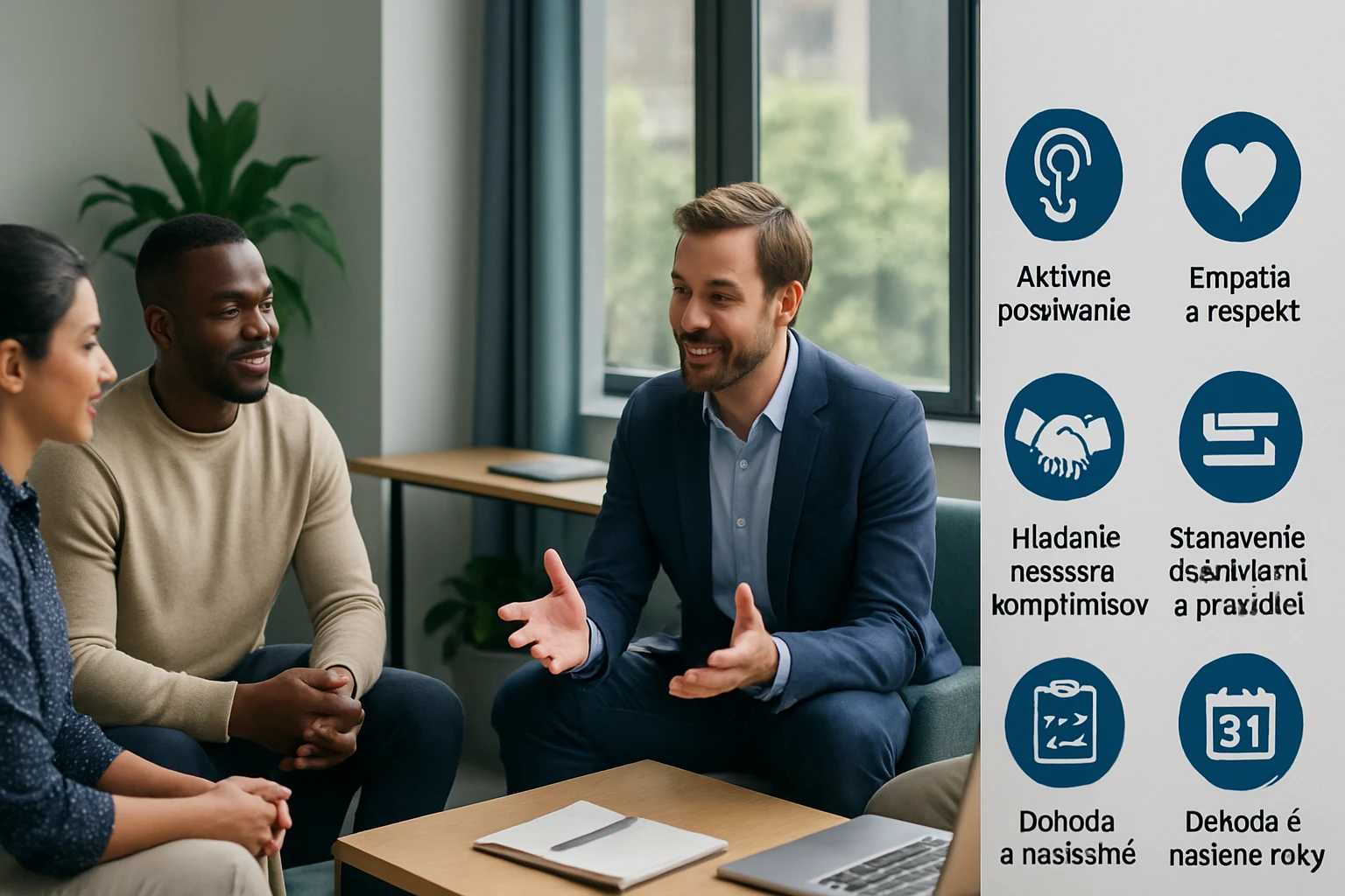 Skupina troch ľudí diskutuje v kancelárii, zameraná na empatiu a rešpekt.