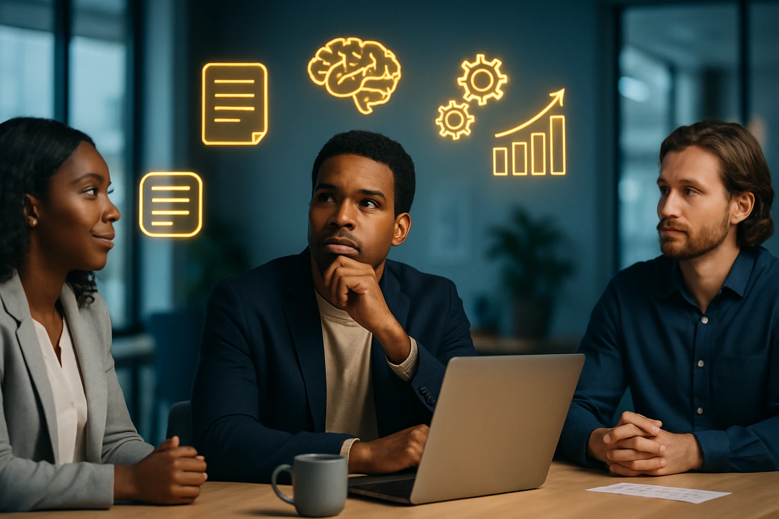 Skupina profesionálov diskutuje o nápadoch pri stole s laptopom.