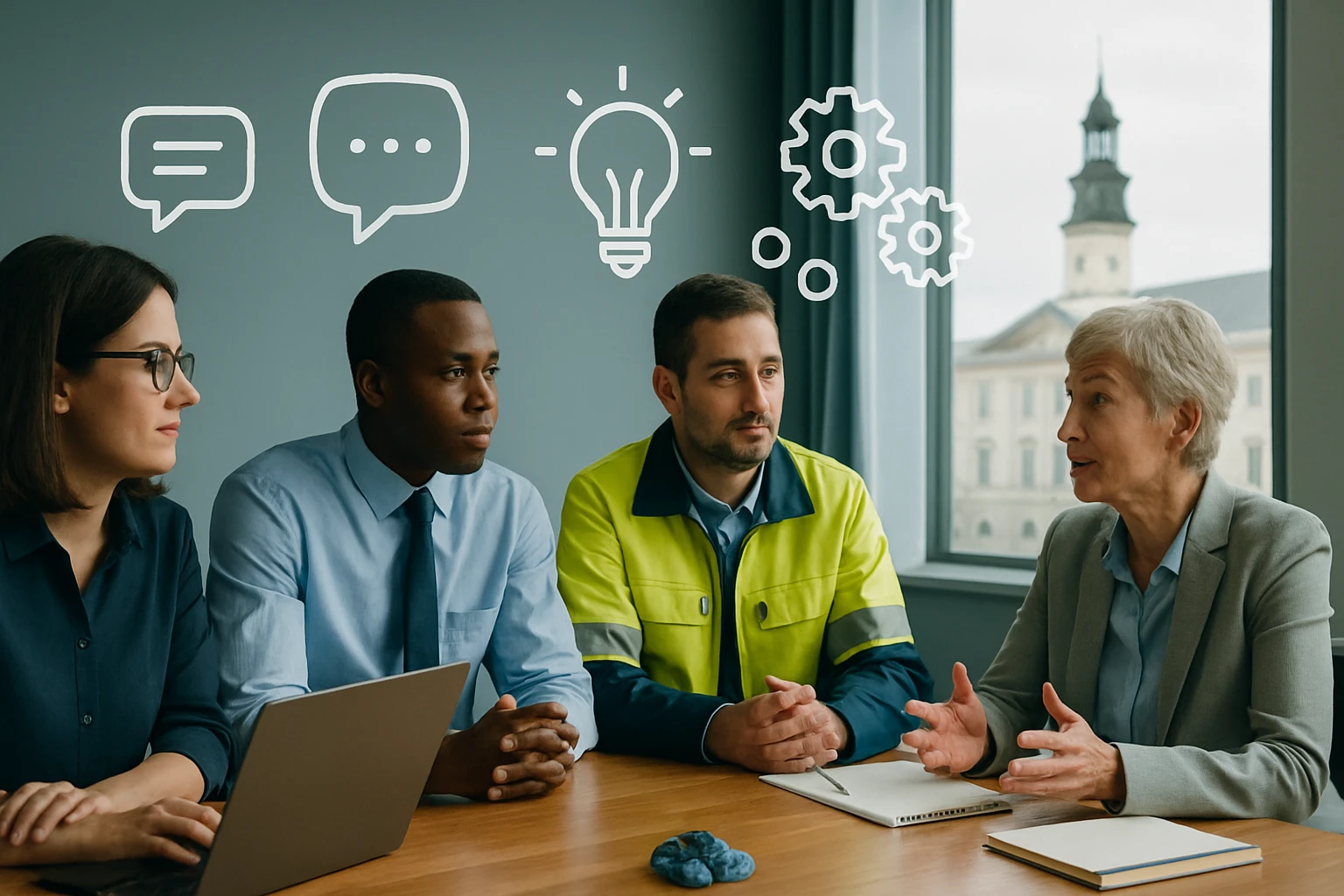 Skupina profesionálov diskutuje o nápadoch a riešeniach v kancelárii.