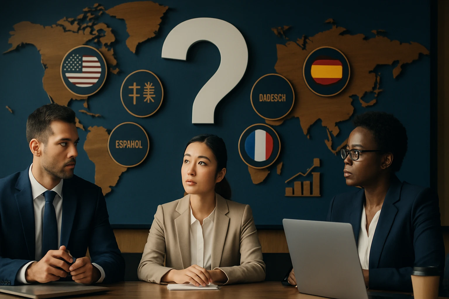 Skupina profesionálov diskutuje, háttérben nyelvek és világ térképe.