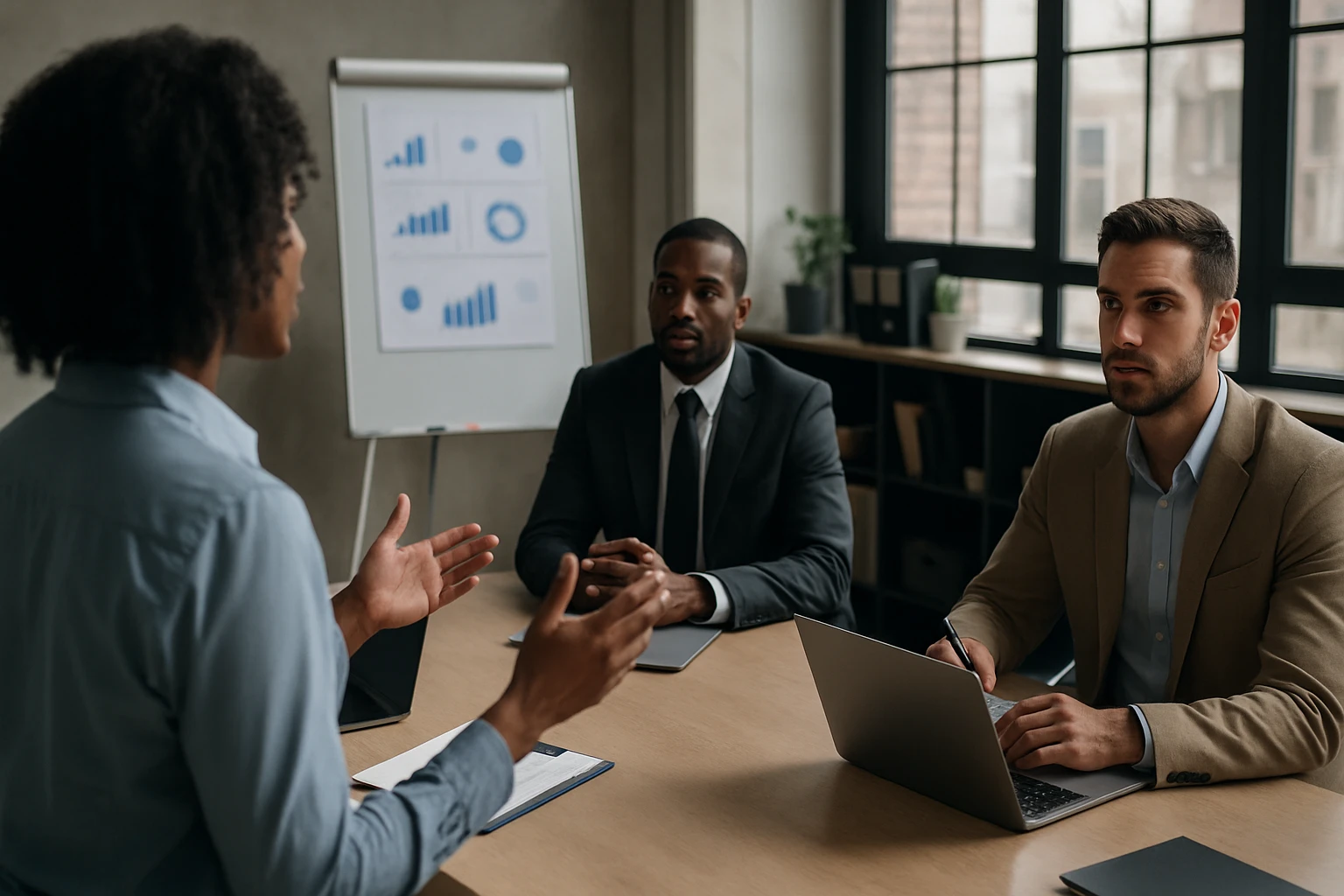 Muži v oblekoch diskutujú v kancelárii, pričom jeden prezentuje grafy na flipcharte.