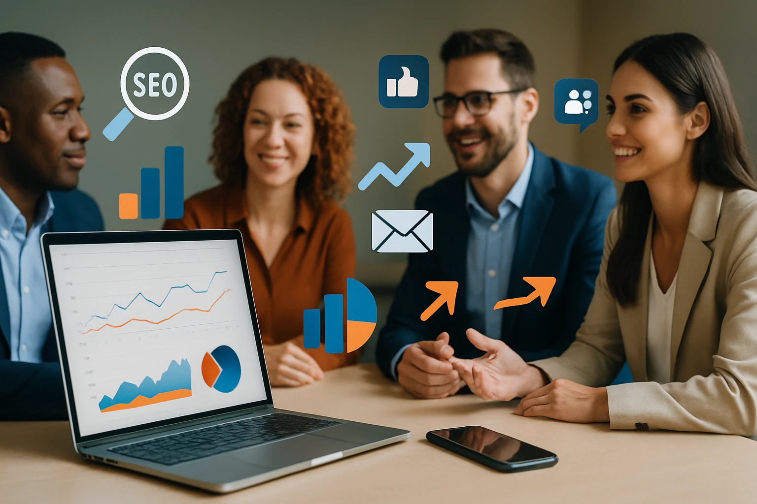 Skupina štyroch profesionálov diskutuje o SEO a analýze dát pri stole.