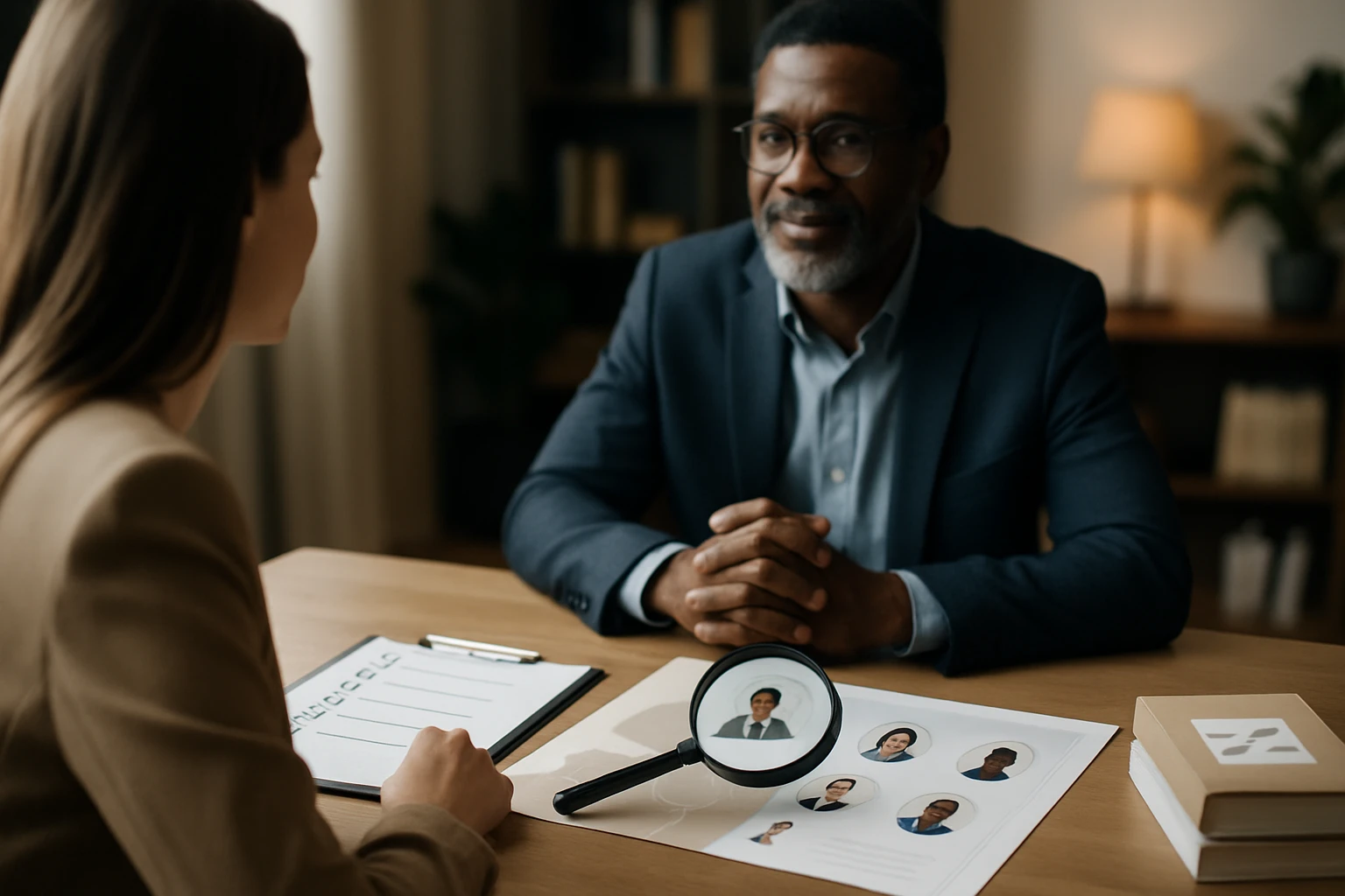 Žena a muž diskutujú o životopisoch pri stole, magnifying sklo nad dokumentom.