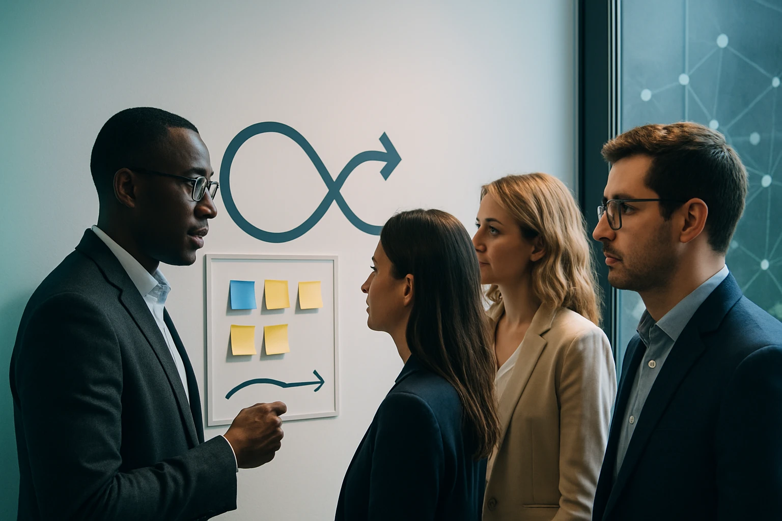 Skupina profesionálov diskutuje v kancelárii pred tabuľou so štítkami.