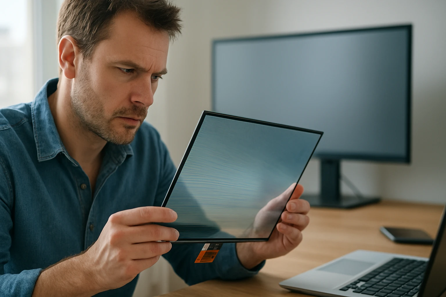 Muž skúma sklenený rám pred počítačom s vážnym výrazom.