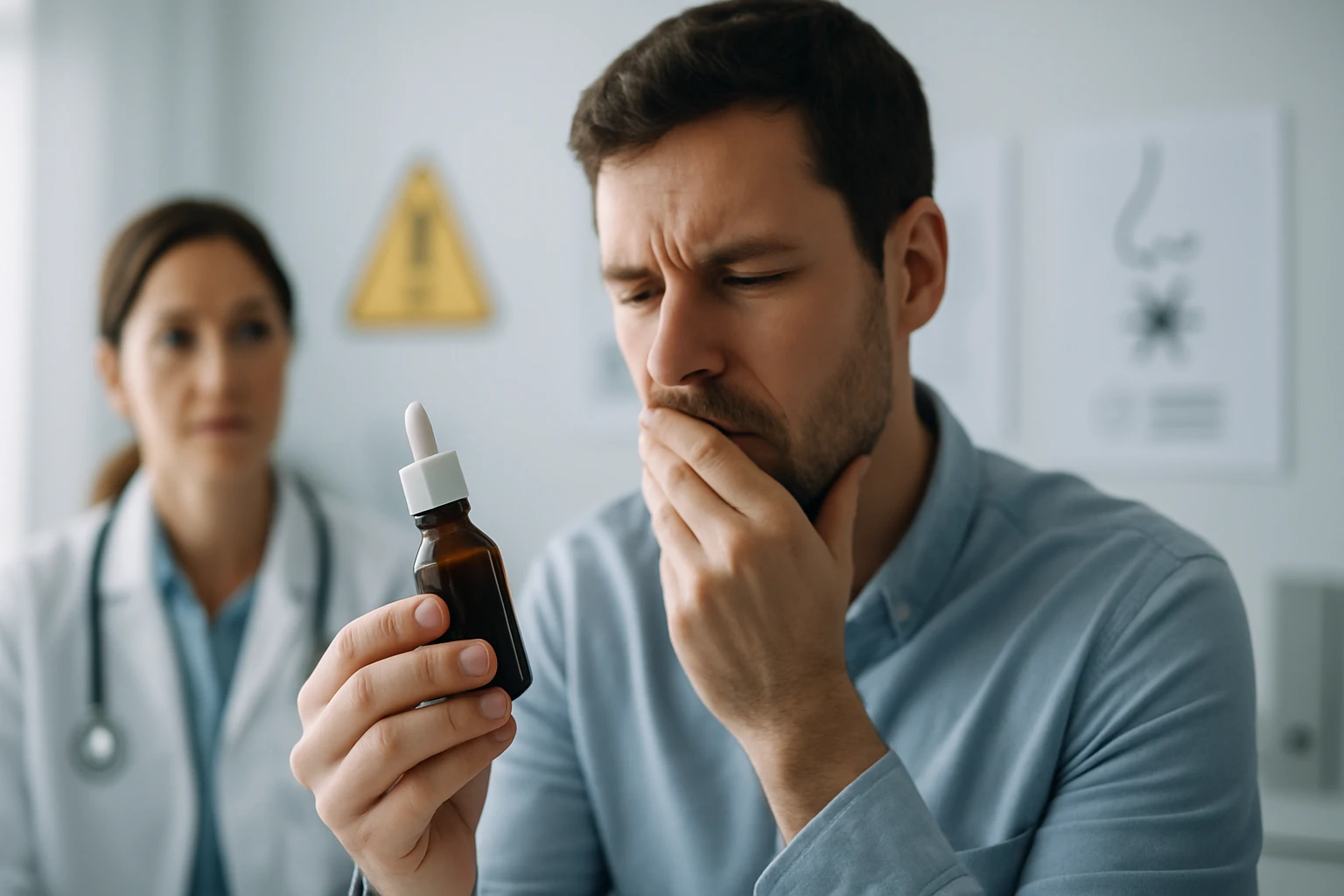 Muž s vážnym výrazom skúma fľaštičku s kvapkami v ordinácii.