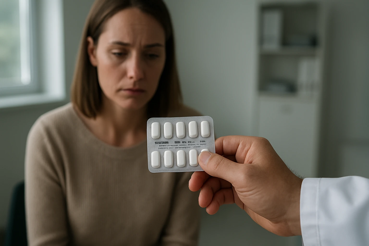 Žena so zamysleným výrazom sedí pred lekárom, ktorý jej ukazuje balenie liekov.