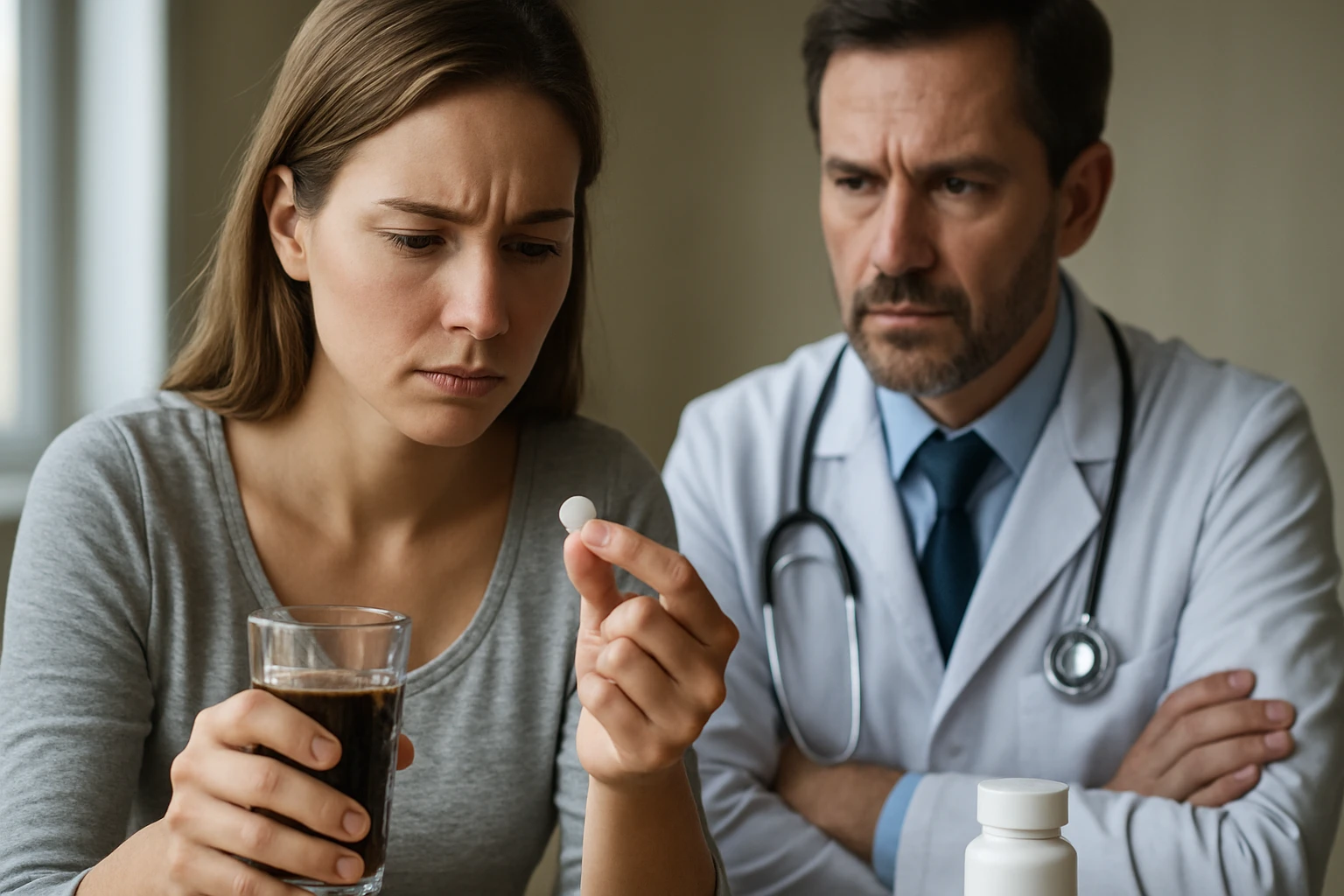 Žena s vážnym výrazom drží tabletku a pohár nápoja, zatiaľ čo lekár ju pozoruje.