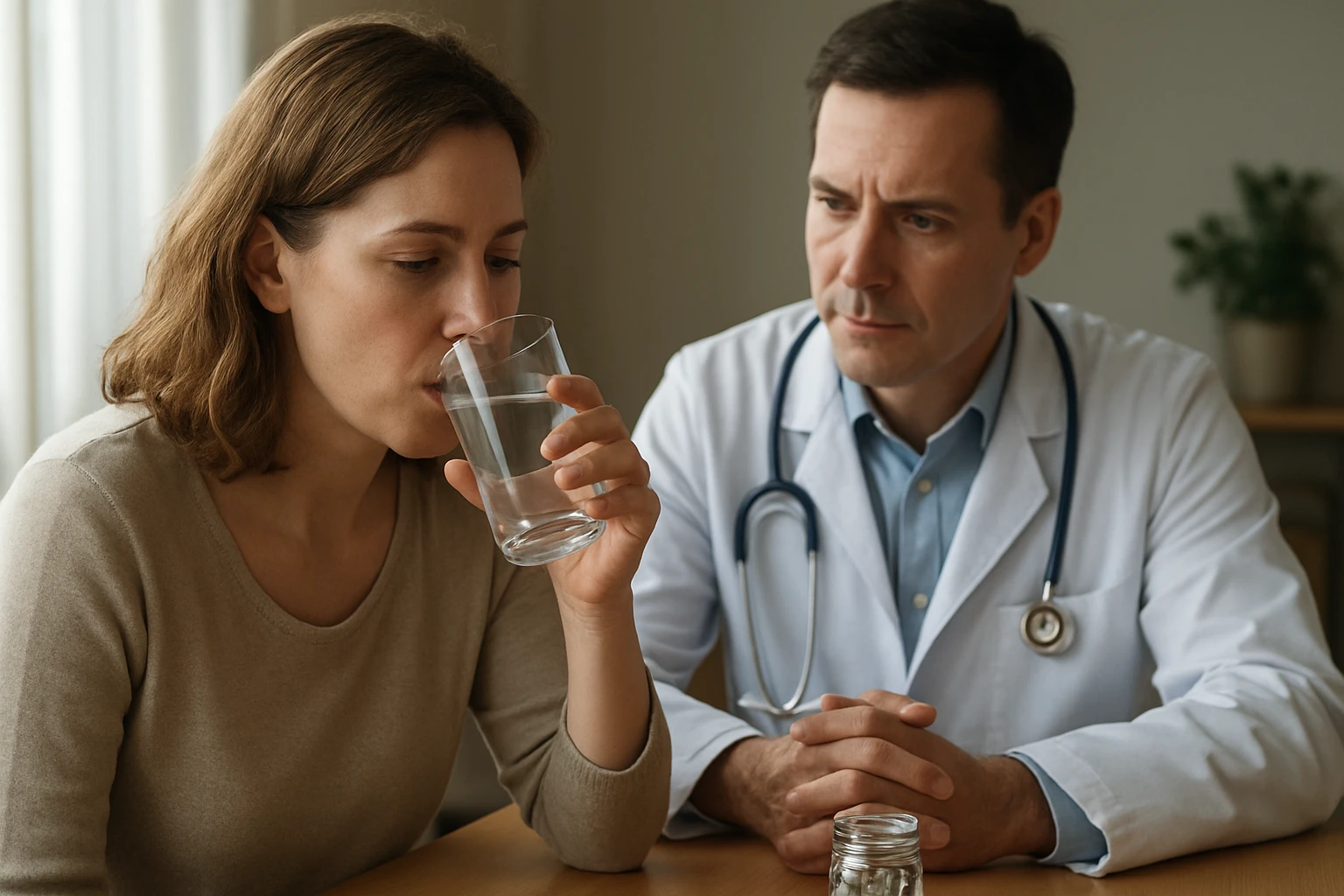 Žena pije vodu z pohára, zatiaľ čo lekár ju pozoruje s vážnym výrazom.