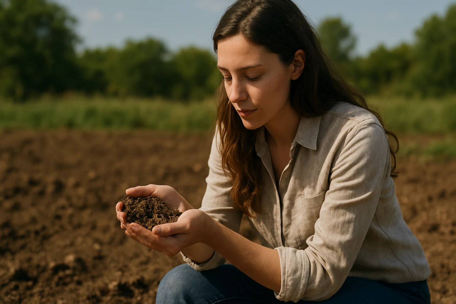 Žena v poli skúma pôdu, drží ju v dlaniach a zamýšľa.