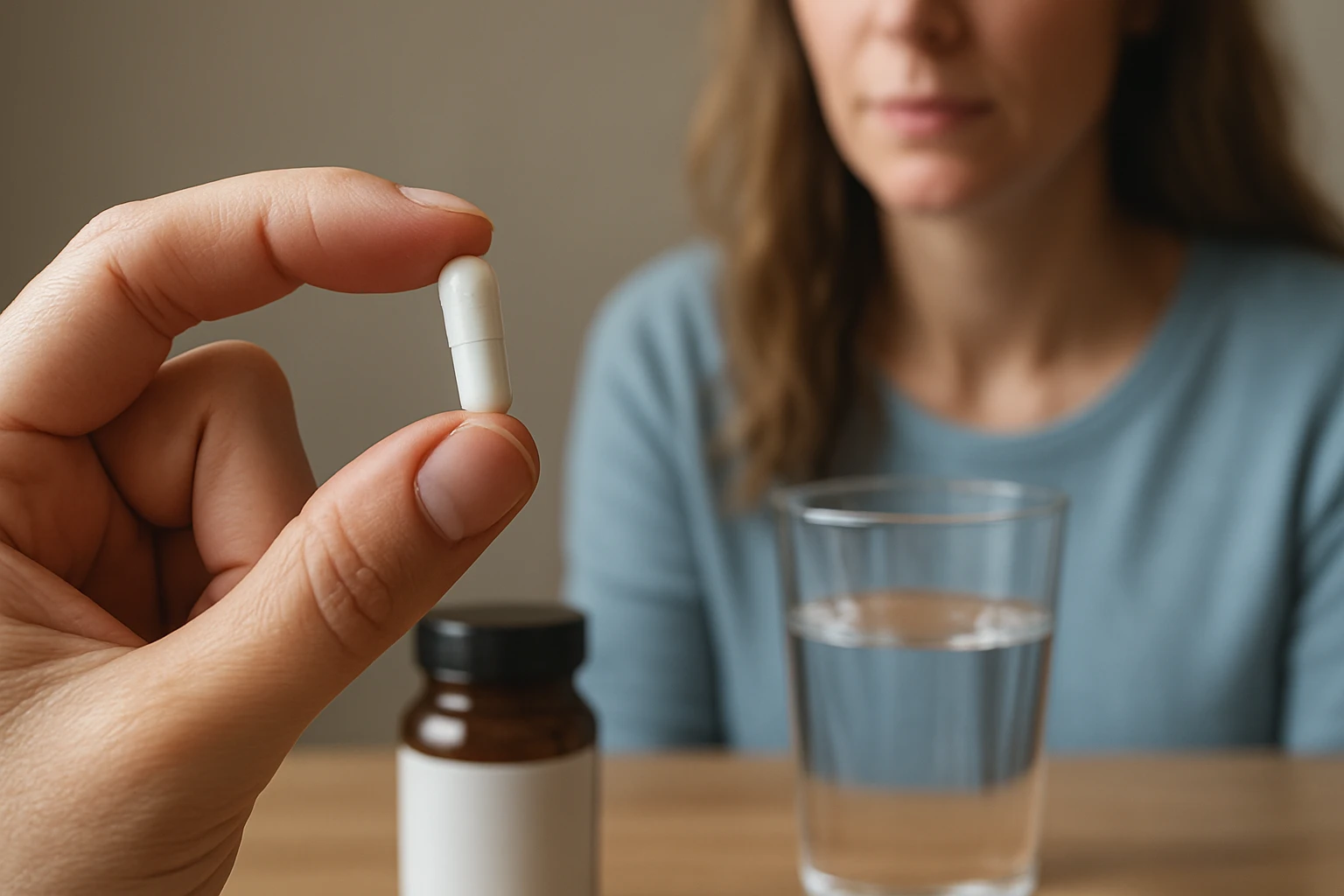 Ruka drži bielu kapsulu nad pohárom vody a ženou v pozadí.