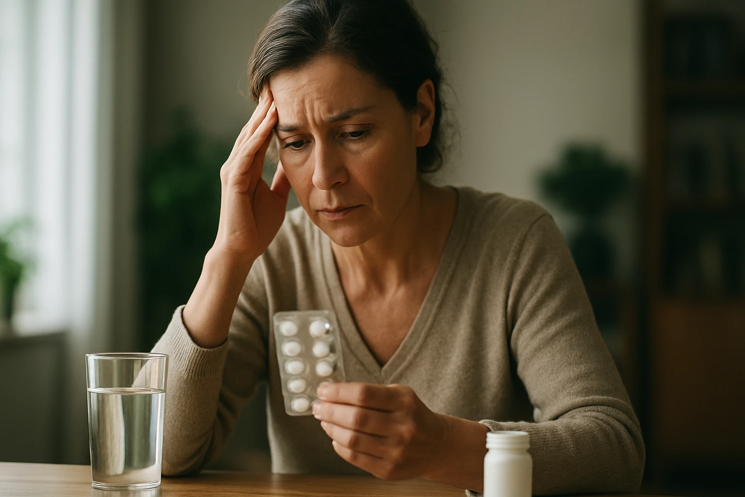Žena s vážnym výrazom skúma blistrové balenie liekov pri stole.