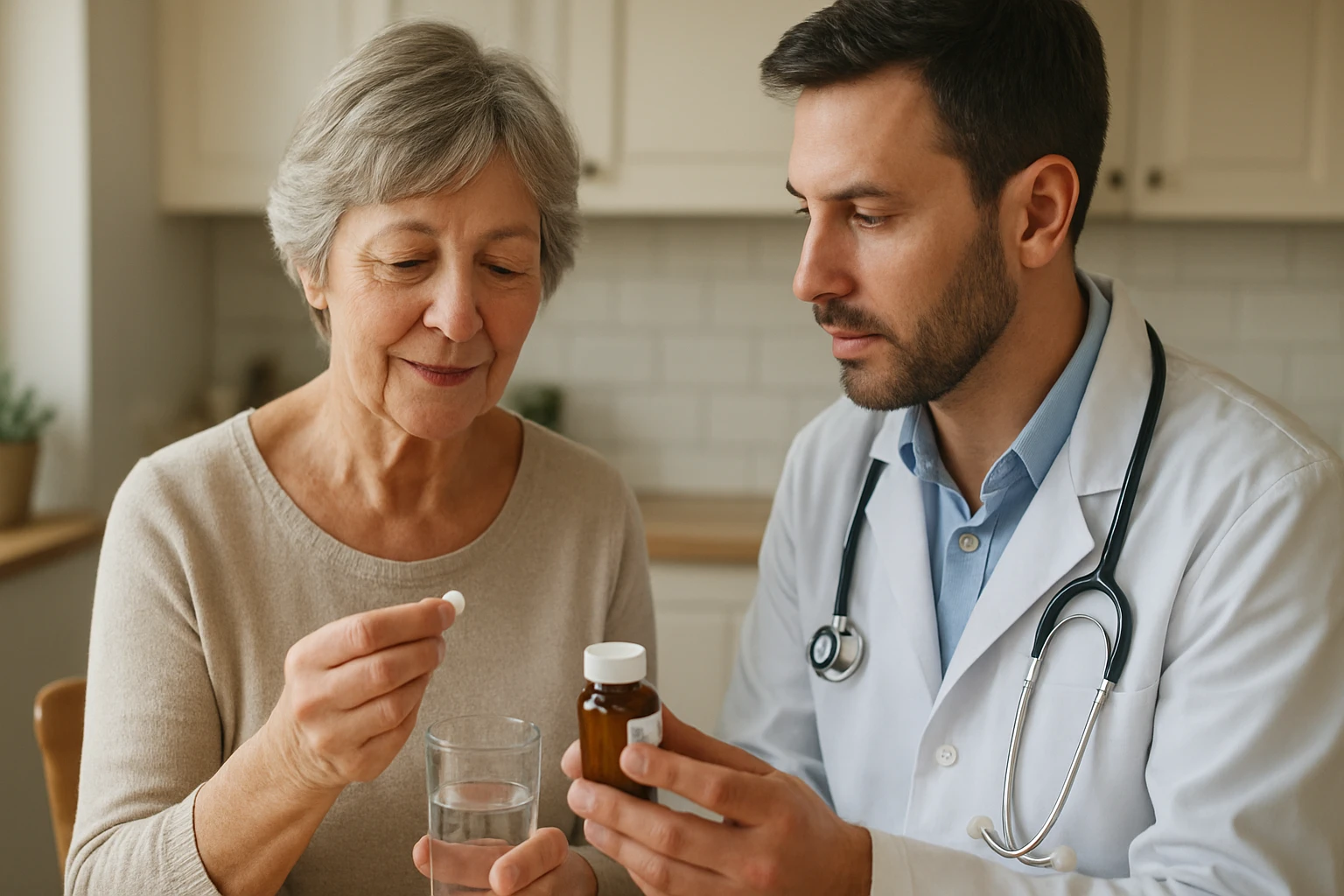 Staršia žena, ktorá berie liek s pohárom vody, zatiaľ čo lekár ju pozoruje.