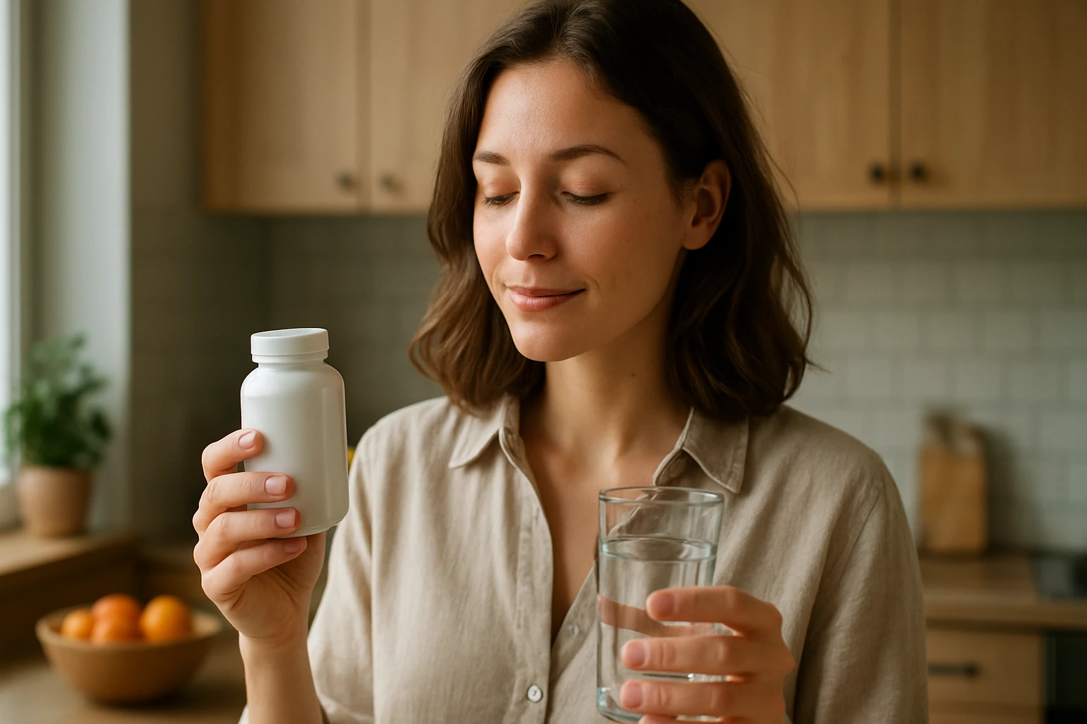 Žena v kuchyni drží fľašu s vitamínmi a pohár vody, zamyslená.