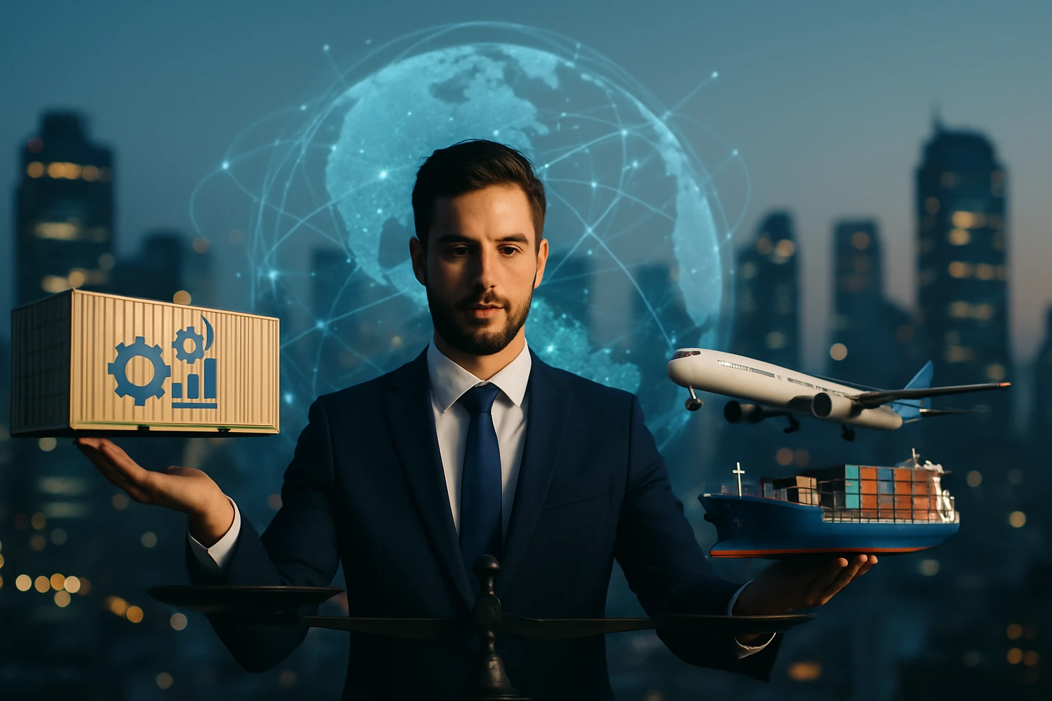 Muž v obleku drží modely nákladného kontajnera, lietadla a lode v modernom mestskom prostredí.