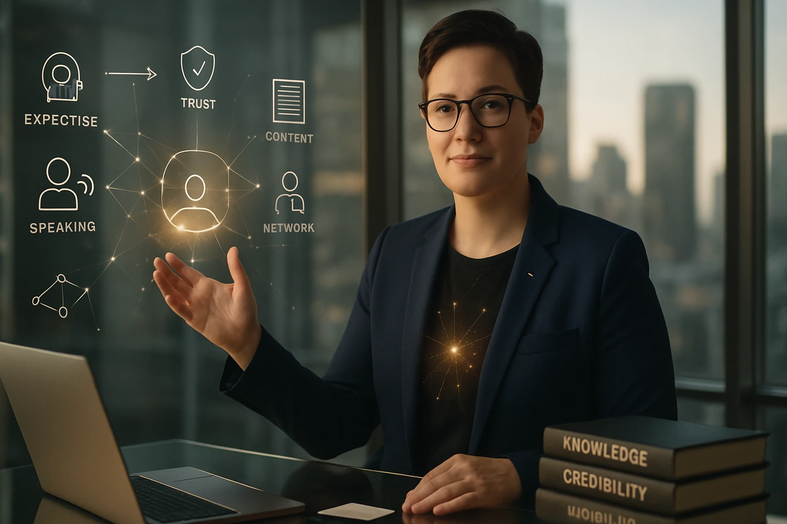 Osoba v obleku ukazuje na digitálne ikony, symbolizujúce dôveru a odborné znalosti.