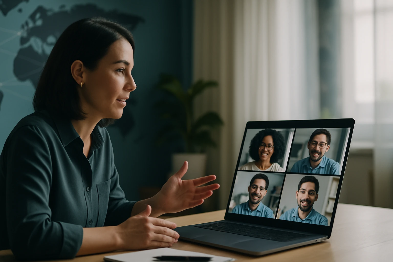 Žena diskutuje s kolegami na videohovore cez laptop, usmievajú sa.