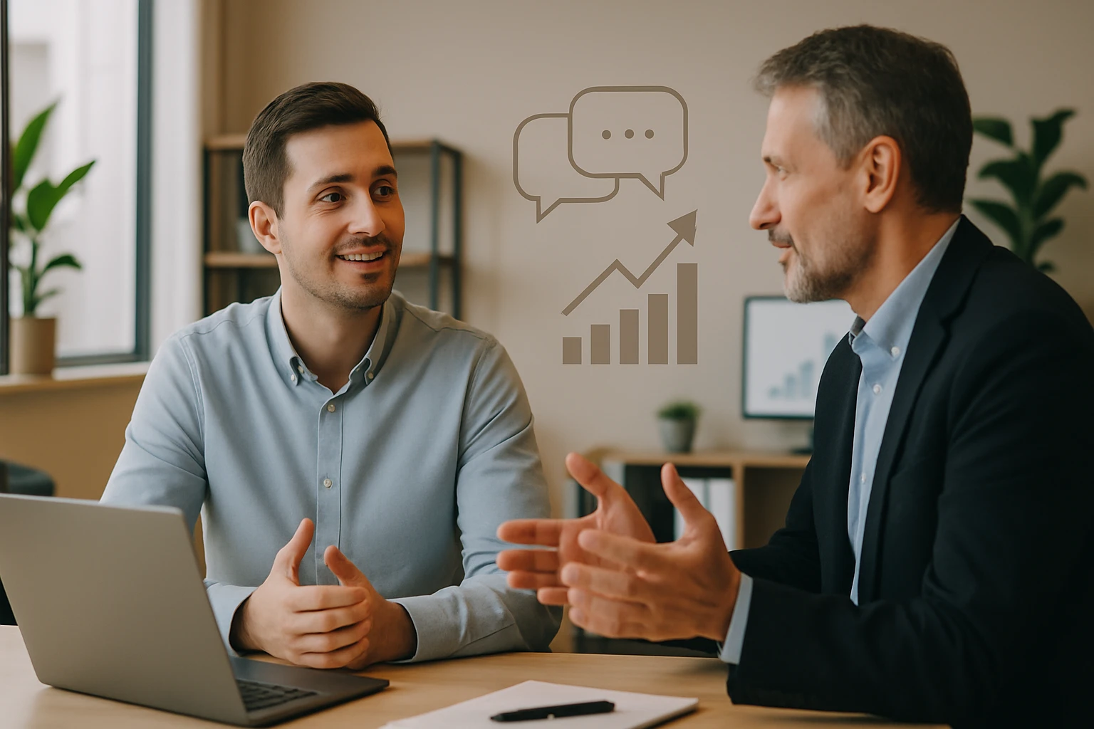 Dva muži diskutujú pri stole, jeden z nich sa usmieva, na stole je laptop.