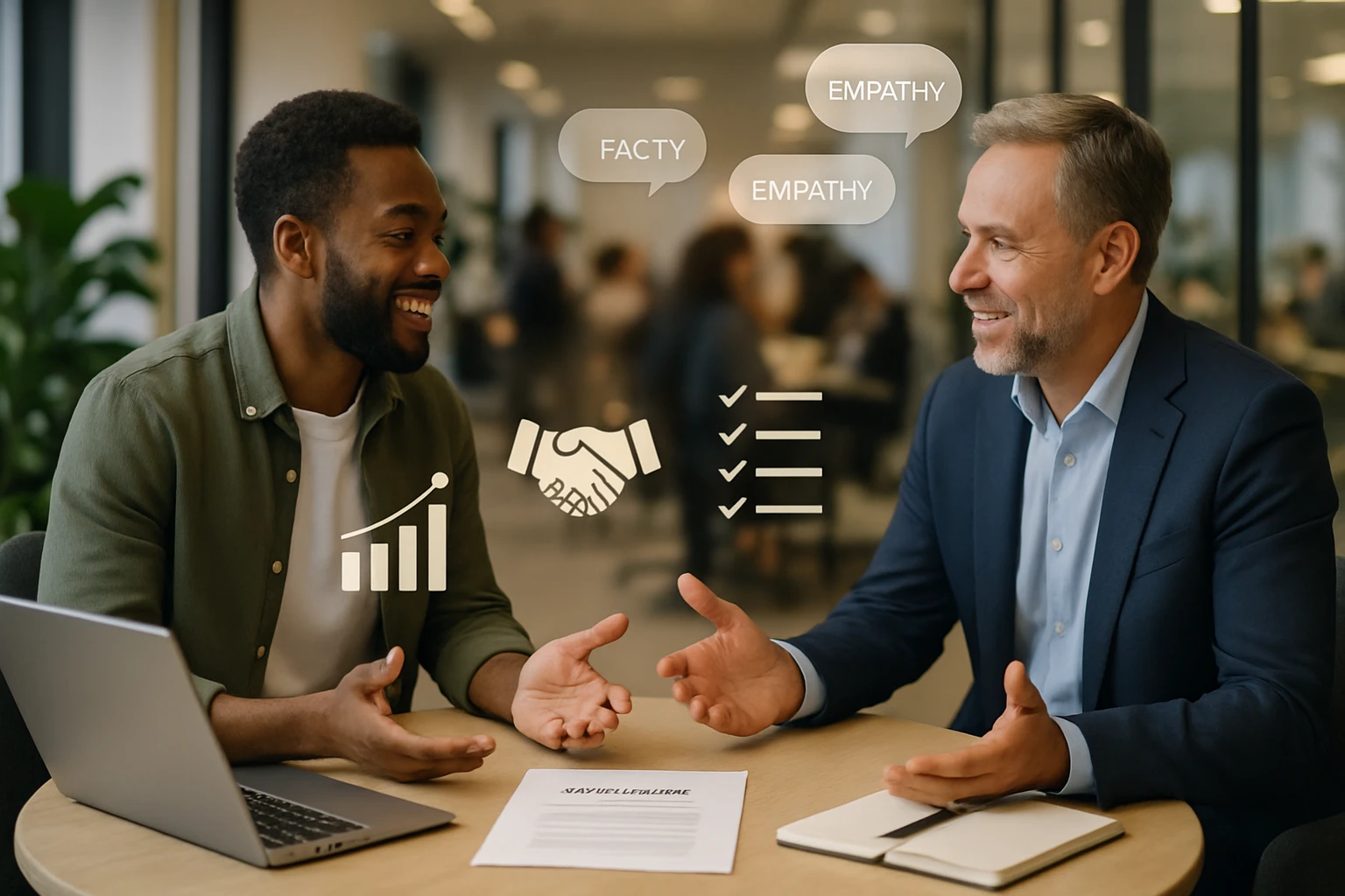 Dva muži, jeden s bradou, a másik s afro účesom, diskutujú pri stole v kancelárii.