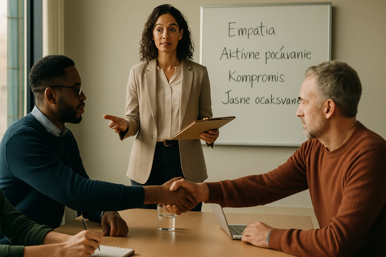 Žena vedie diskusiu v kancelárii, muži sa podávajú ruky pri stole.
