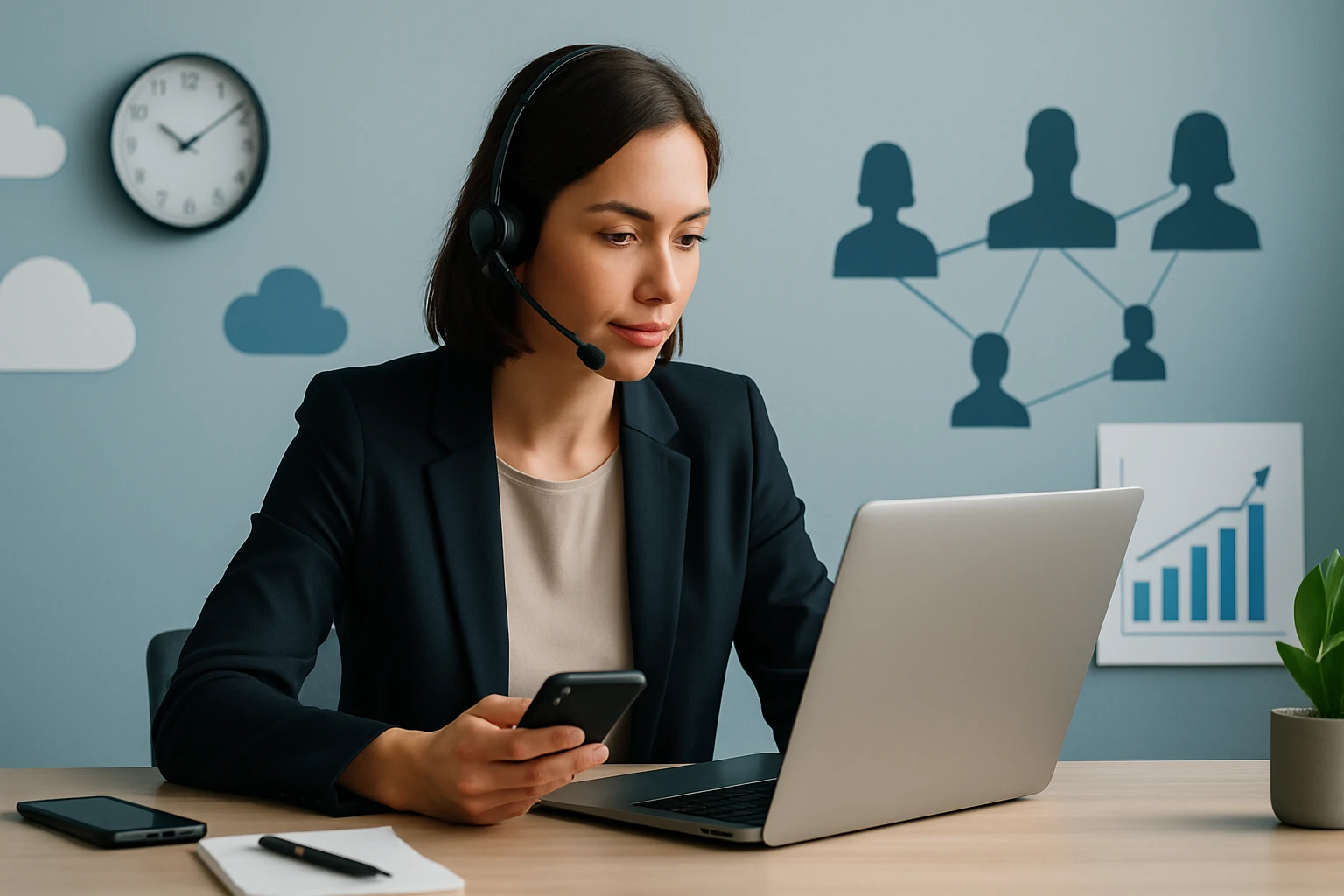 Žena v obleku s headsetom pracuje na laptopu a kontroluje mobil.