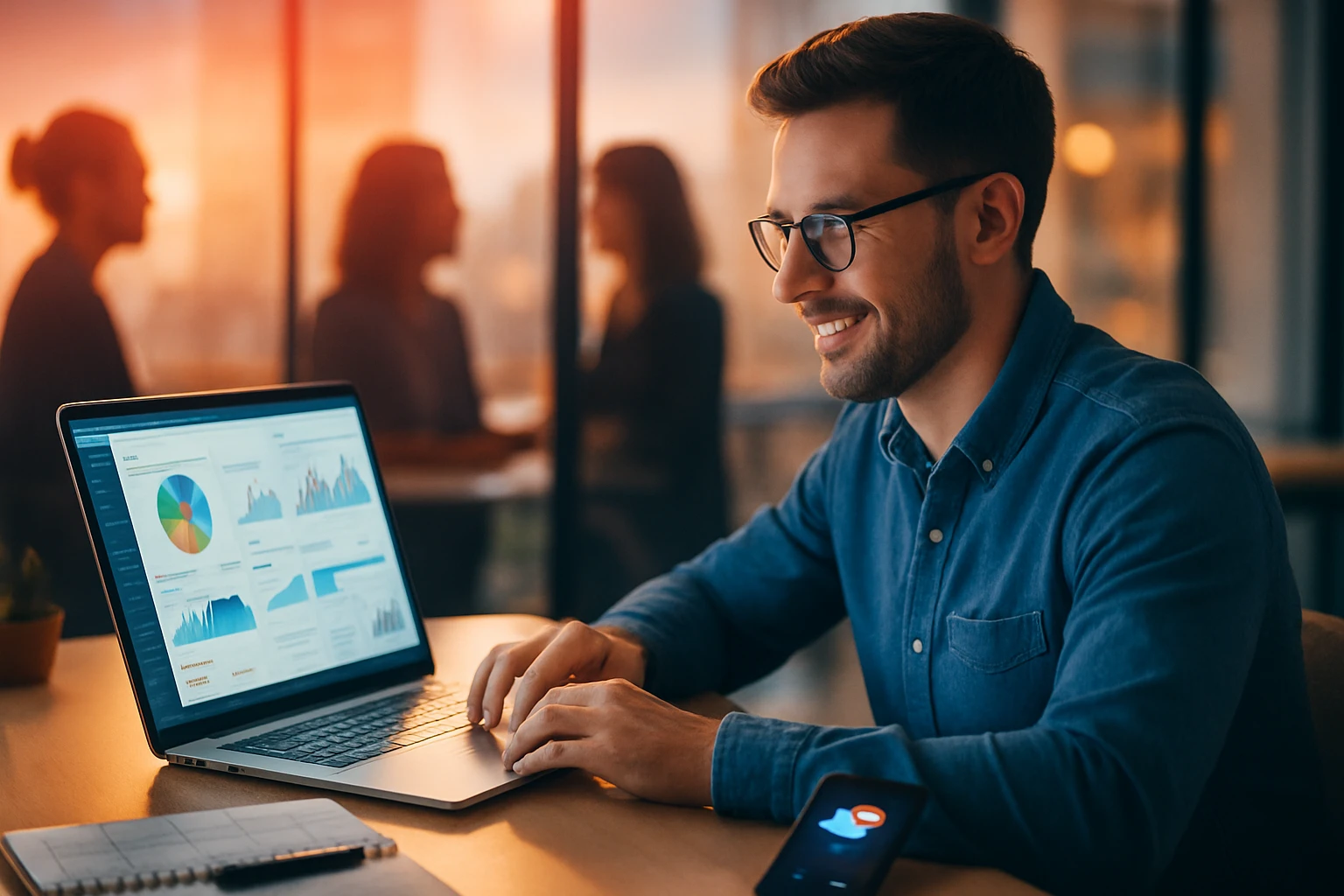 Mladý muž pracuje na laptopu, analyzujúc grafy a dáta v kancelárii.