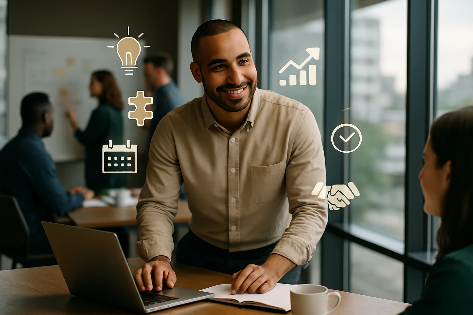 Muž s úsmevom pracuje na laptopu, okolo neho ikony symbolizujúce nápady a spoluprácu.