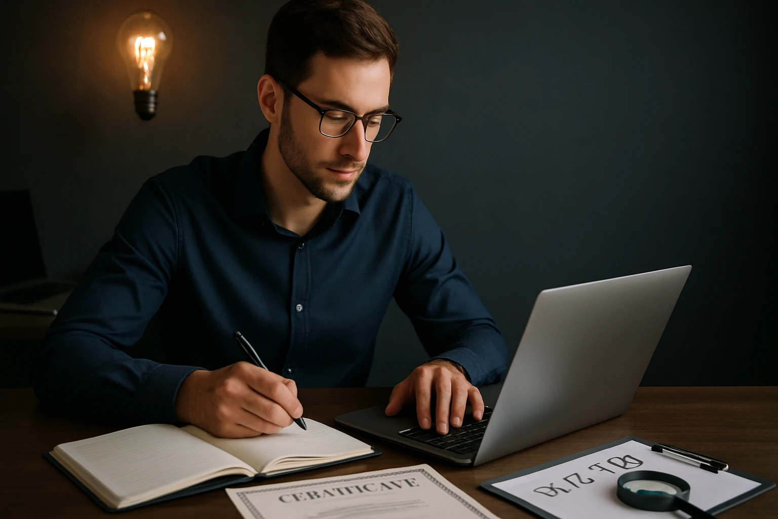 Muž pracuje na počítači, píše do zápisníka, okolo sú dokumenty.