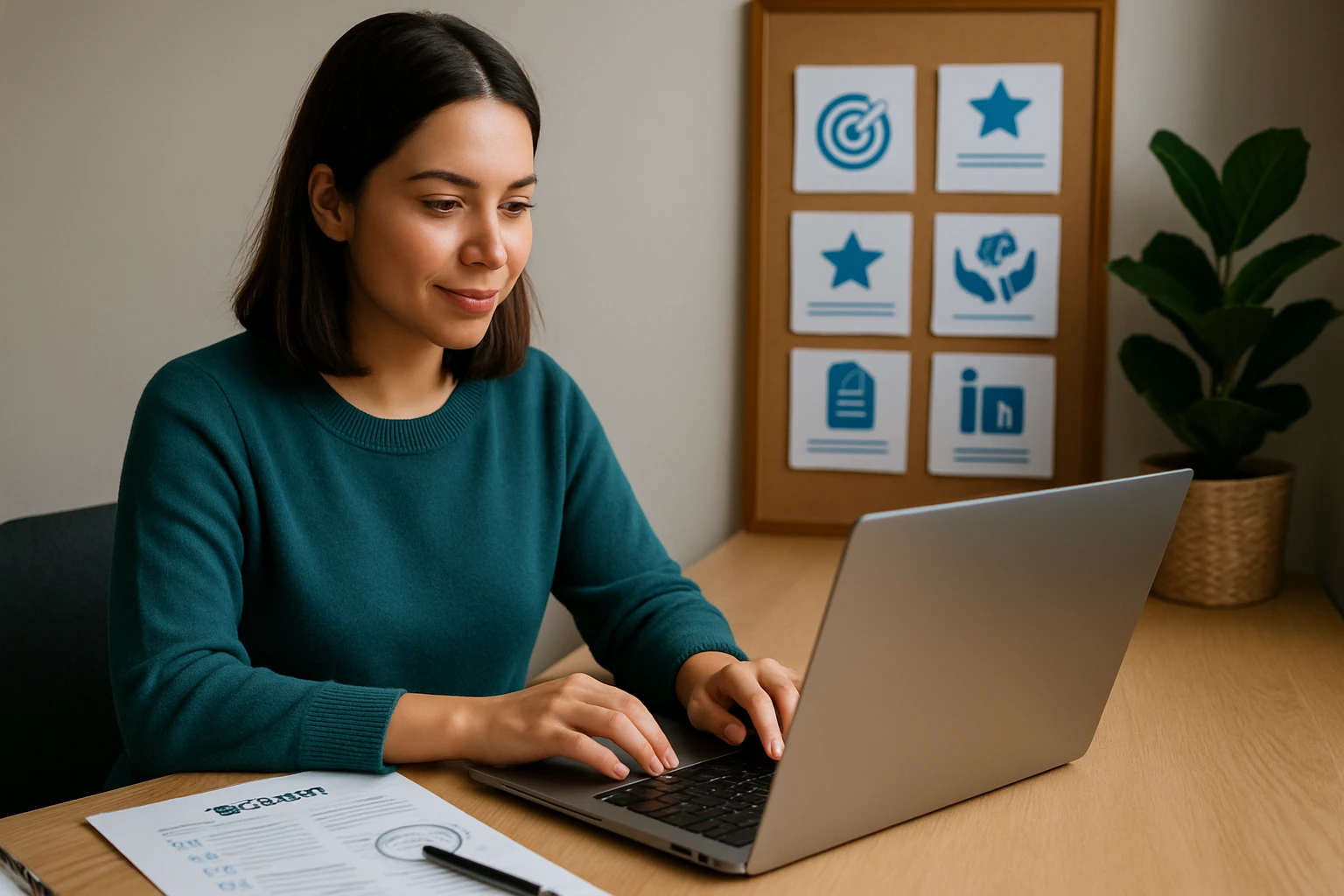 Žena pracuje na laptopu, sústredene sa pozerá na obrazovku.