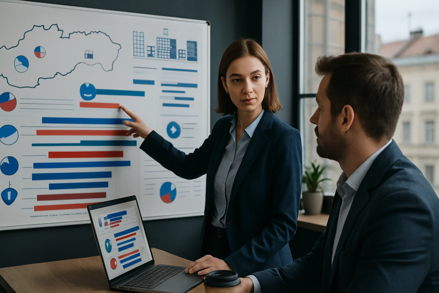 Žena prezentuje grafy a štatistiky na tabuli mužovi v kancelárii.