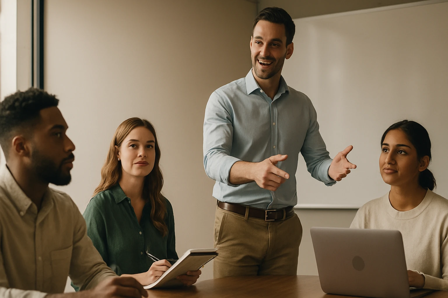 Skupina ľudí na porade, muž prezentuje, ženy a muž ho pozorne počúvajú.
