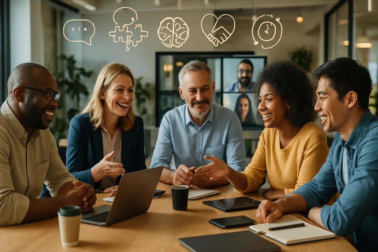 Skupina profesionálov diskutuje pri stole, s laptopom a tabletmi.