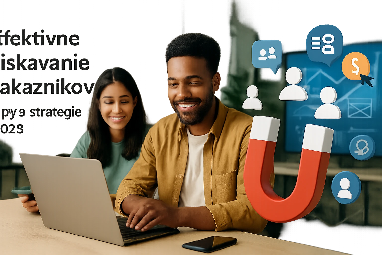 Dvojica mladých profesionálov pracuje na laptopoch, obklopení symbolmi marketingu.