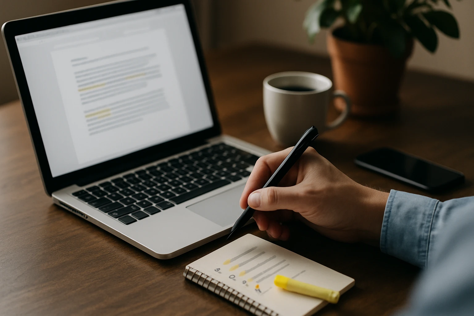 Ruka s perom píše poznámky na blok vedľa laptopu a šálky kávy.