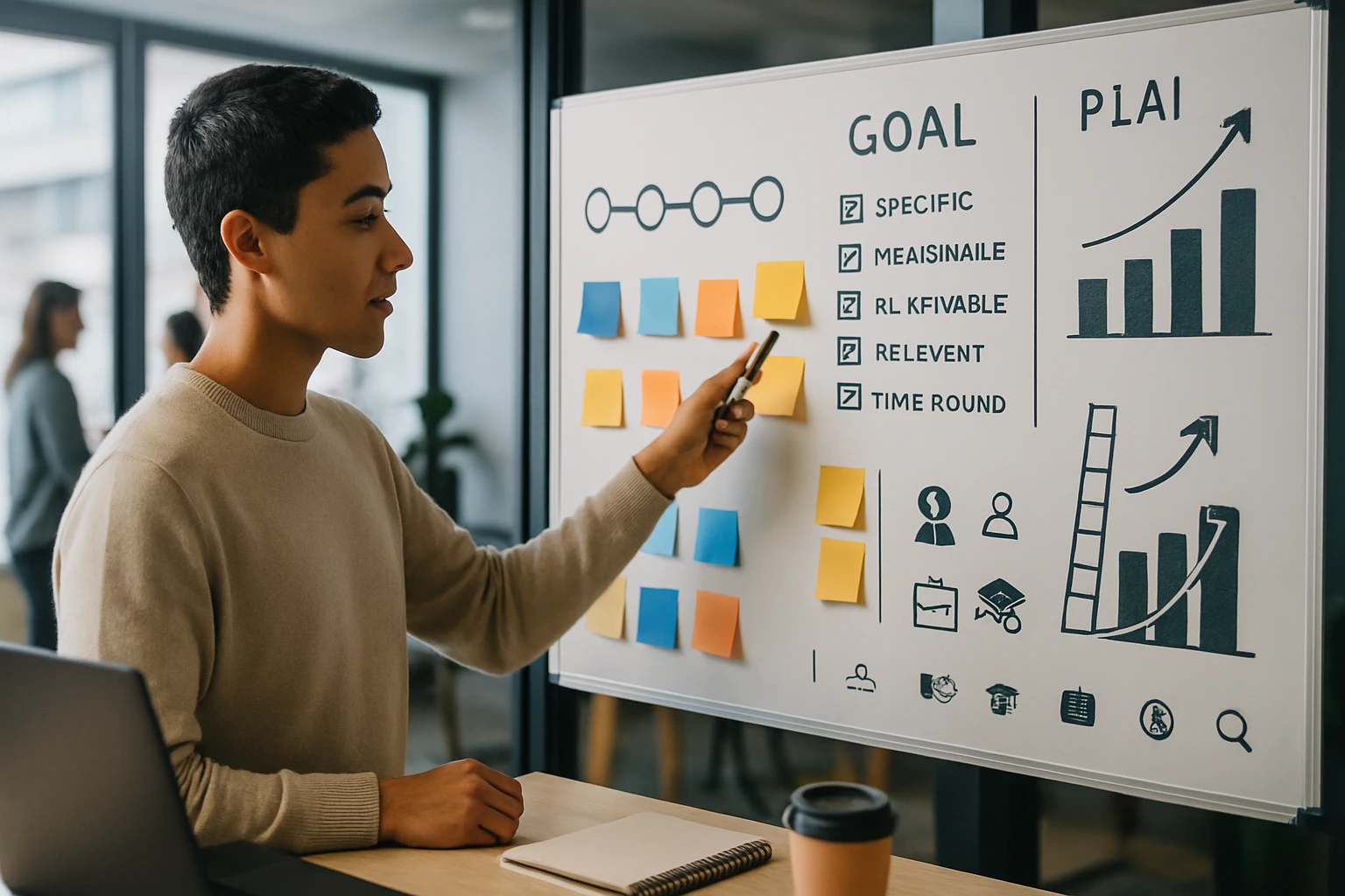 Mladý muž prezentuje ciele na tabuli s farebnými papierikmi v kancelárii.
