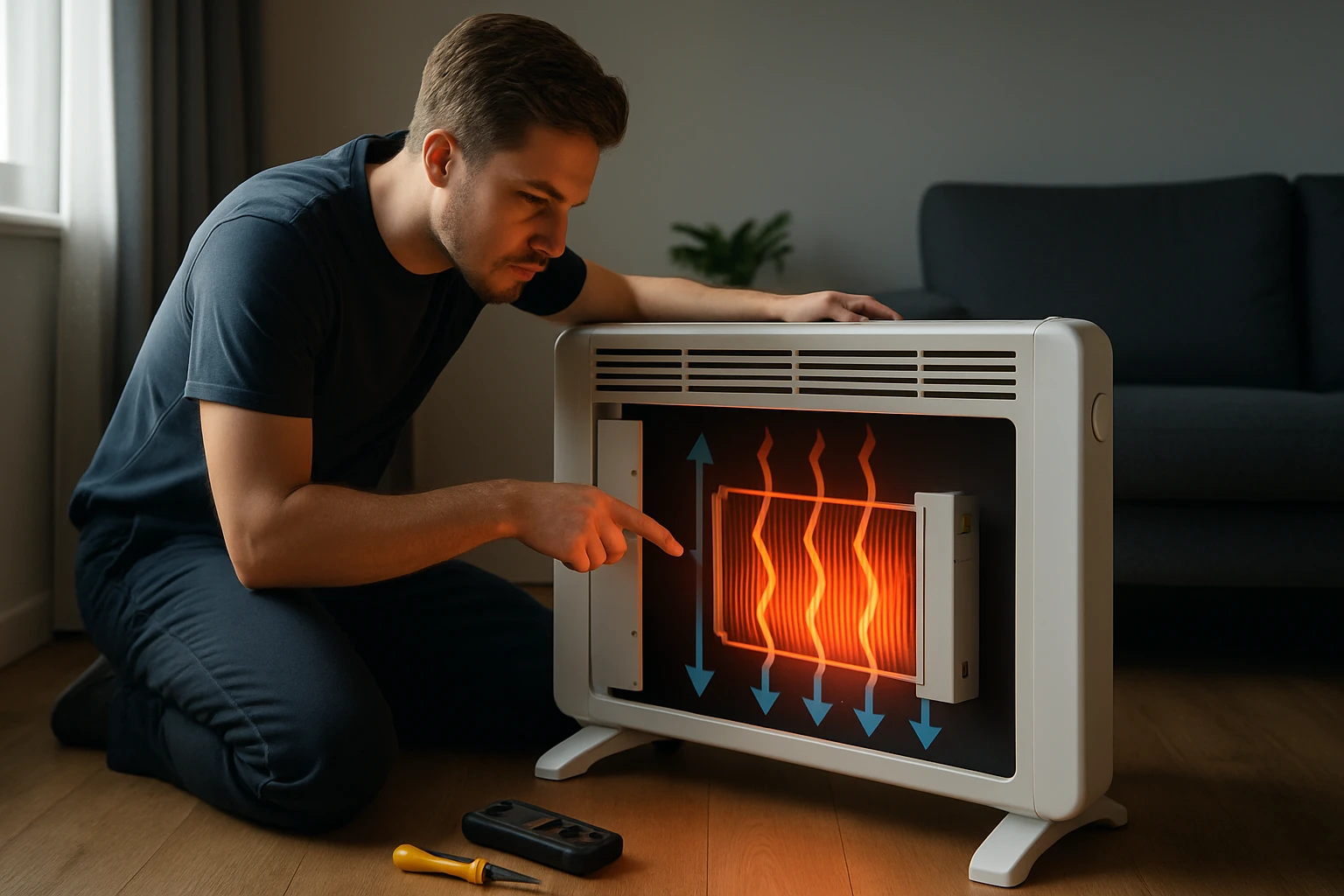 Muž kontroluje elektrický ohrievač s viditeľným teplom a nástrojmi.